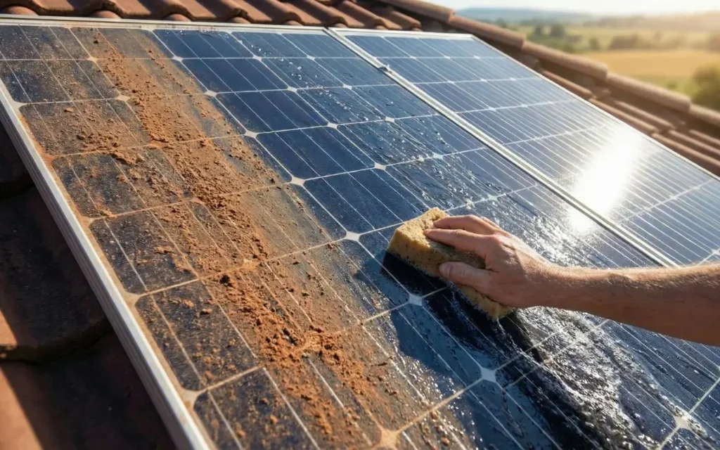Comparativo antes e depois da limpeza de painéis solares mostrando acúmulo de poeira